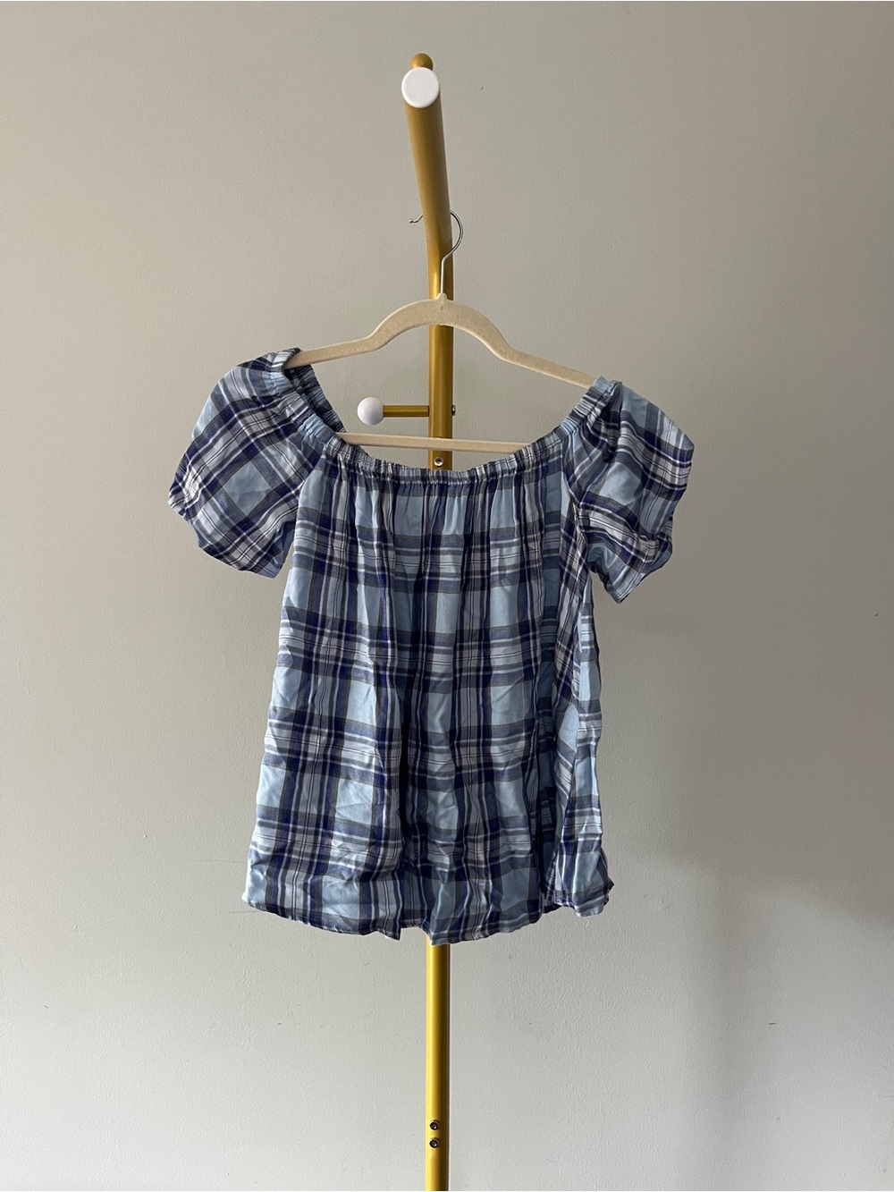 Express Blue Plaid Off-Shoulder Top